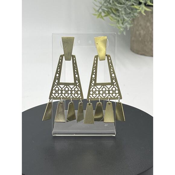 Kendra Scott Kase Gold Plated Geometric Filigree Pattern Fringe Dangle Earrings - Picture 3 of 14